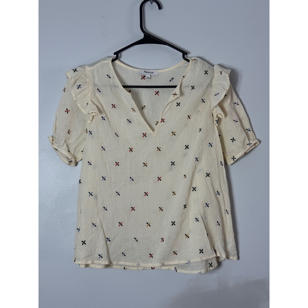Madewell Embroidered‎ Ruffle Shoulder Cotton Gauze Top Cream Small